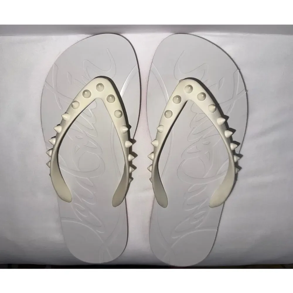 Authentic Christian Louboutin White Loubi Spikes Rubber Flip Flops Size 38